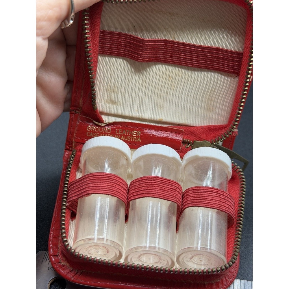 Vintage Red Leather Travel Medicine Pill Case 3 Pill Containers w/Zipper Closure